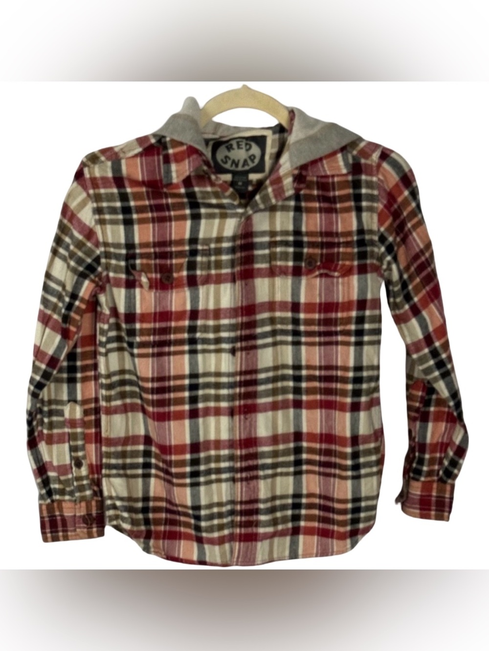 Men's Hooded Flannel Shirt Red Snap Shacket Size Medium Red/Cream Button Down